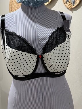 Cacique Black & White Polka Dot Lace-Trim Underwire Bra with Red Accent